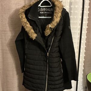 Calvin Klein Black Puffer Coat with Tan Faux Fur